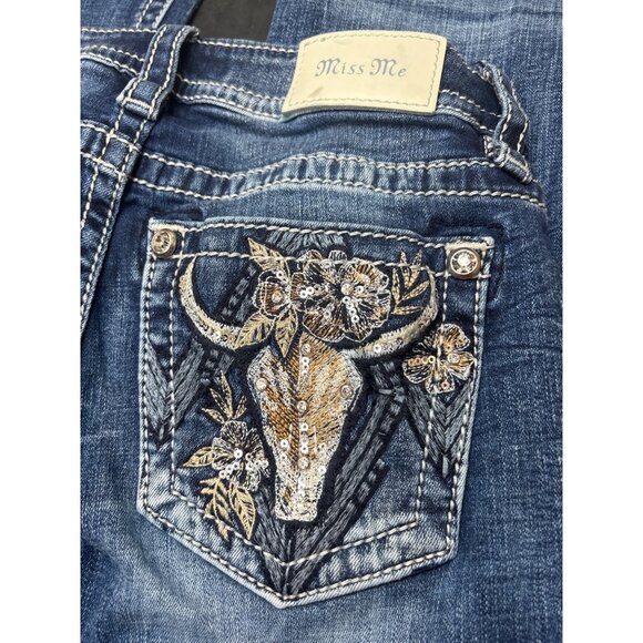 Miss Me Womens Distressed Blue Denim Jeans W26 Embellished Bull Low-Rise Bootcut - Picture 2 of 10